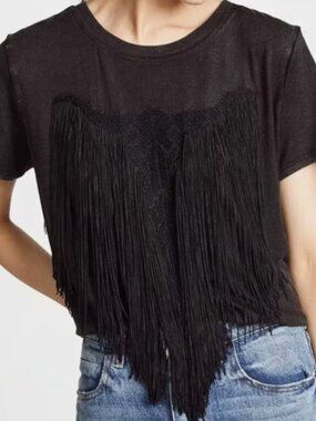 Haute Hippie Fringe Boho Western Faded Black Embroidered Women Tshirt M